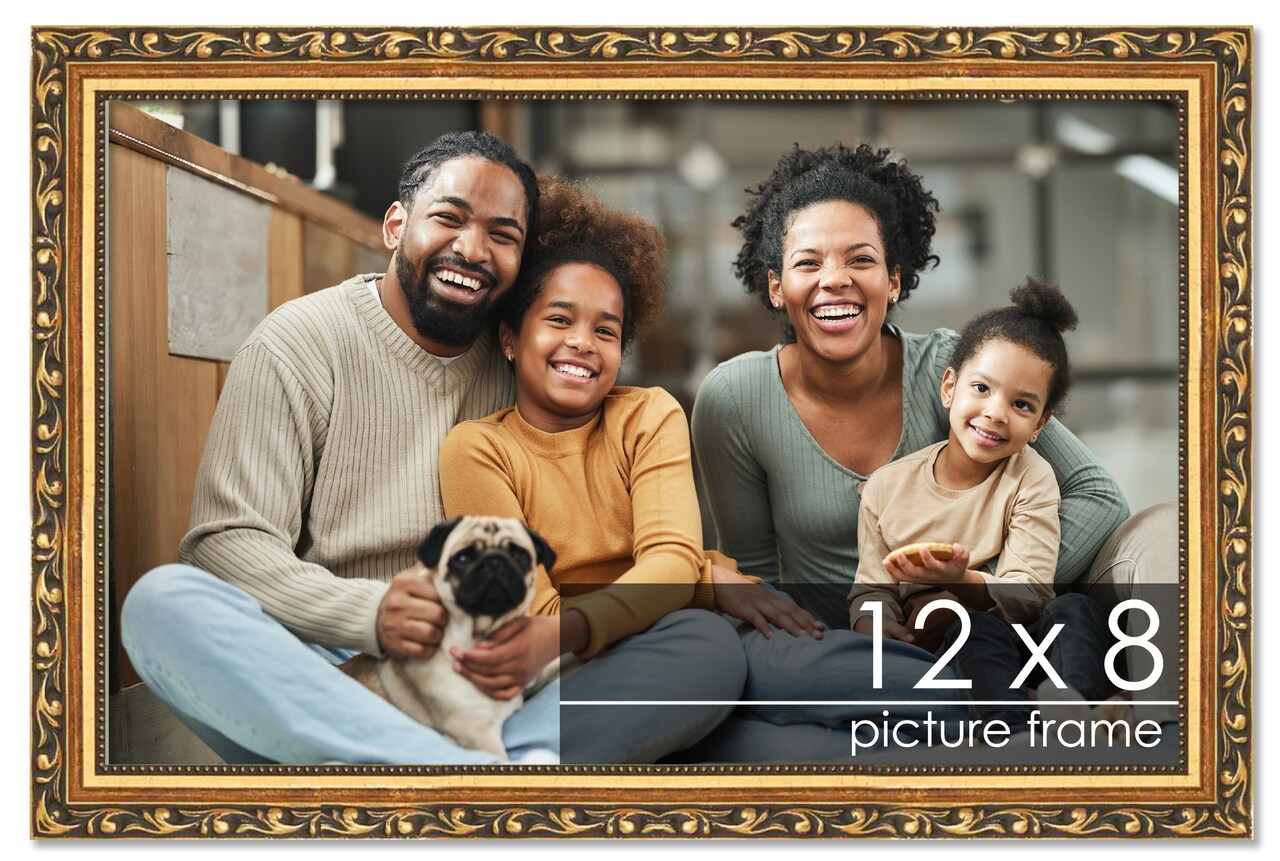 12x8 Solid Wood Antique Picture Frame with UV-Resistant Acrylic & Acid-Free Backing, Available in 4 Finishes: Bronze, Gold, Silver, and Gold with Black